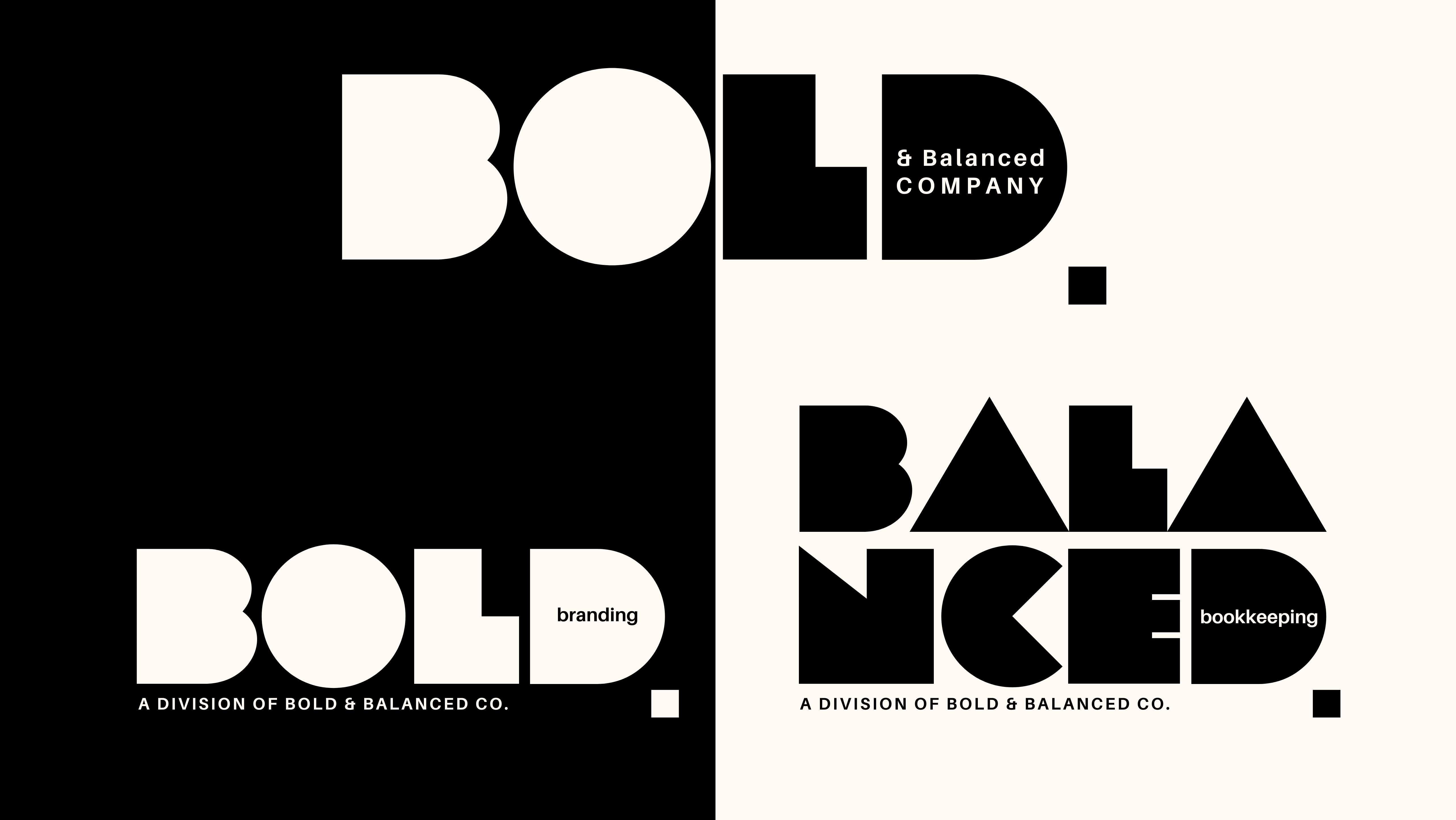 Logos for Bold and Balanced Co., Bold Branding, and Balanced Bookkeeping – representing unified creative and financial services for individuals and small businesses.