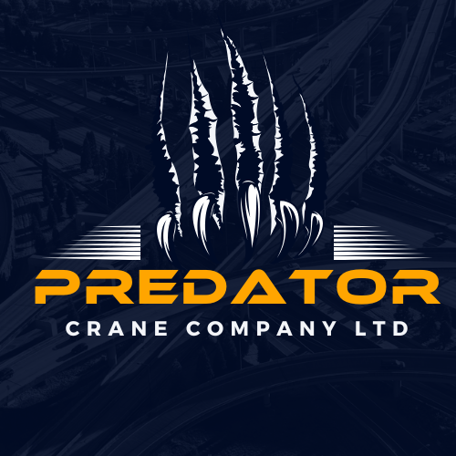 Predator Crane logo – aggressive, industrial design featuring a stylized crane hook and sharp typography, symbolizing strength, dominance, and precision lifting.